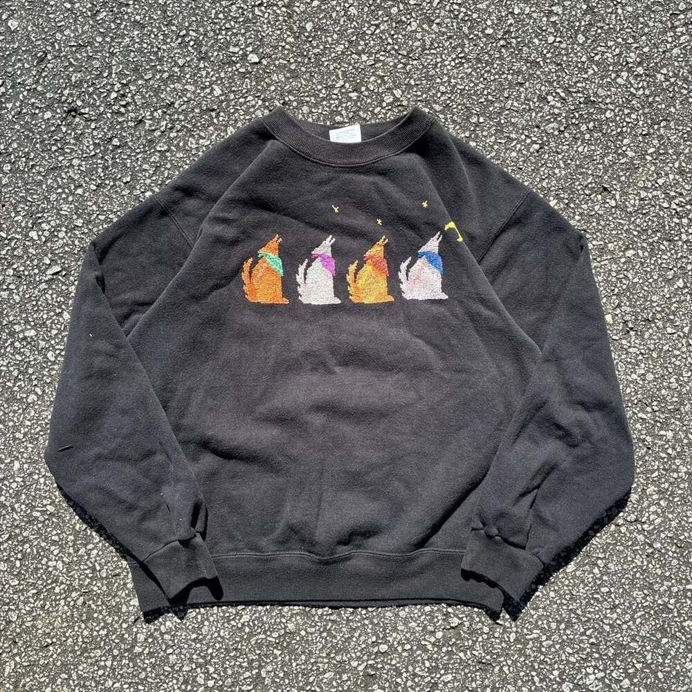 Vintage Hanes Wolf Needlepoint Crewneck Sweatshirt Large Made in USA